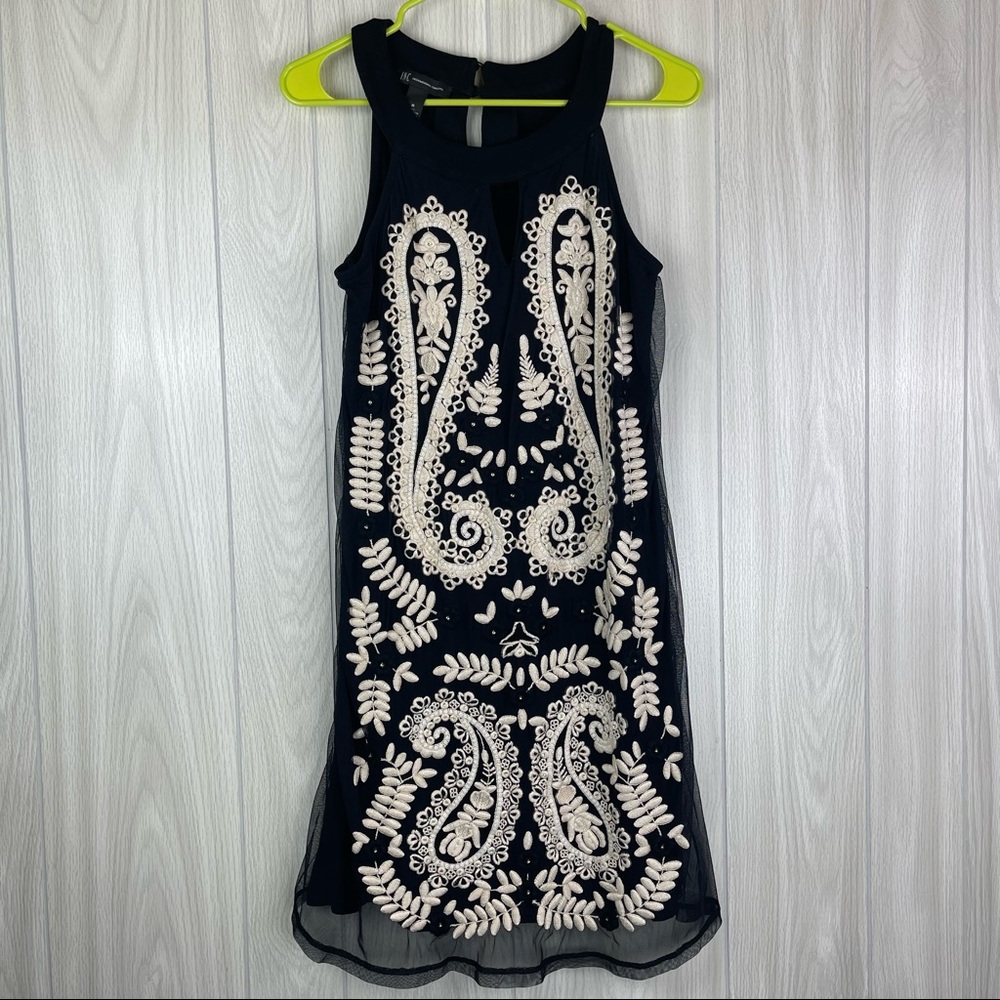 INC International Concepts Embroidered Mesh Overlay Key Hole Sheath Dress